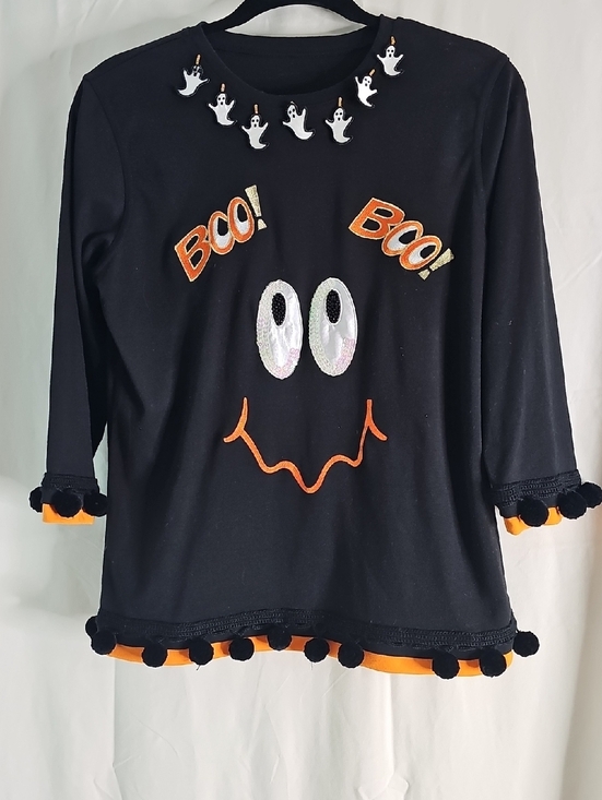 No Brand Other - Vintage One Of A Kind Unmarked Halloween 'Boo' Black Costume Top with Pom Trim